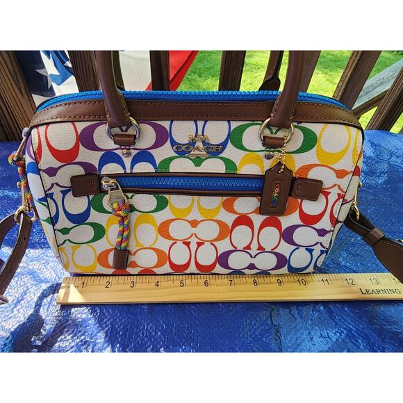 AUTHENTIC COACH ROWAN PVC LEATHER TRIM SATCHEL BAG PURSE 2488 RAINBOW/PRIDE - Picture 3 of 8